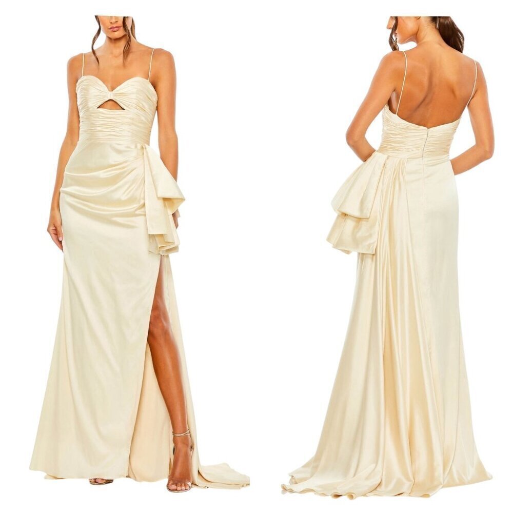 Mac Duggal 68450 Butter Yellow Satin Gown Sweetheart Slit Size 2